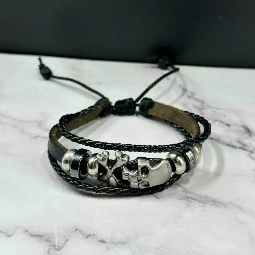 Mens Skull Cross Bracelet Leather Cord Metal Beads Adjustable Punk Biker